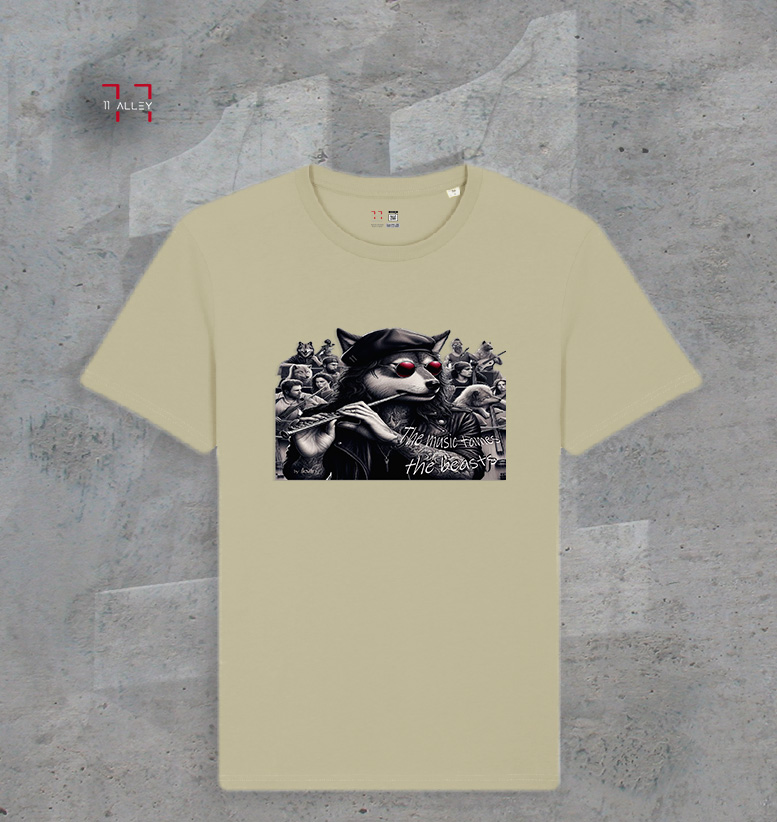 La-musica-amansa-a-las-fieras-II--cotton-kaki CAMISETA personalizada impresa kaki la musica amansa a las fieras II