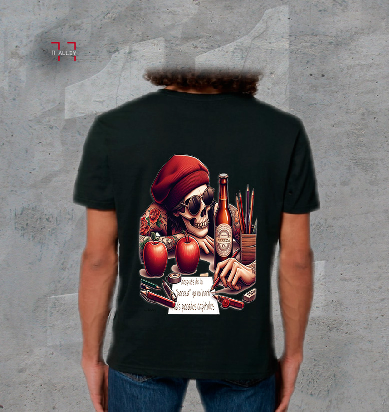 LA-PEREZA-I--negra--cotrasera-conn-modelo--grande CAMISETA personalizada impresa negra PECADO CAPITAL LA PEREZA