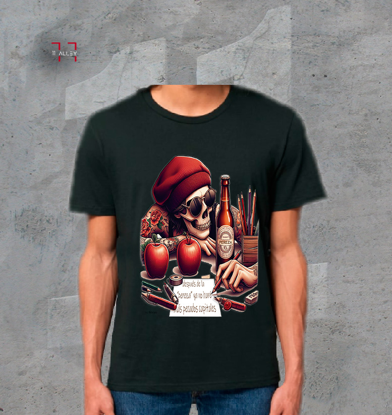 LA-PEREZA-I--negra--frontal-con-modelo--grande CAMISETA personalizada impresa negra PECADO CAPITAL LA PEREZA